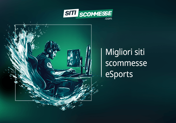 Il logo di sitiscommesse.com, la scritta Migliori siti scommesse eSports e un giocatore al computer