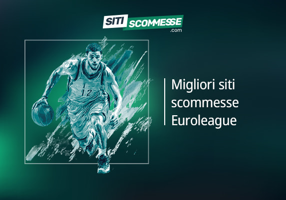 Il logo di sitiscommesse.com, la scritta Migliori siti scommesse Euroleague e un giocatore di basket