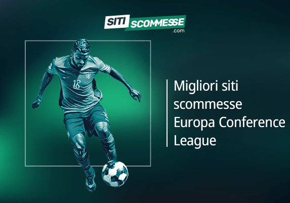 Il logo di sitiscommesse.com, la scritta Migliori siti scommesse Europa Conference League e un calciatore in azione