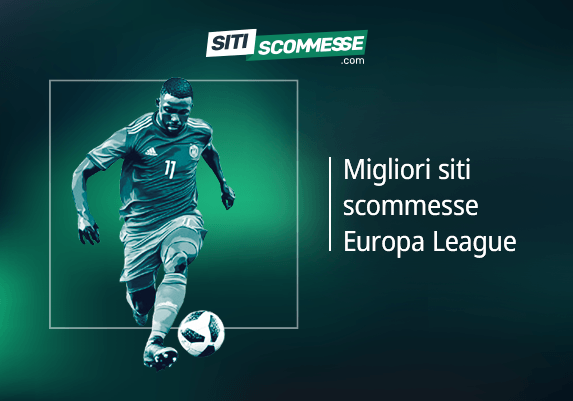 Il logo di sitiscommesse.com, la scritta Migliori siti scommesse Europa League e un calciatore in azione