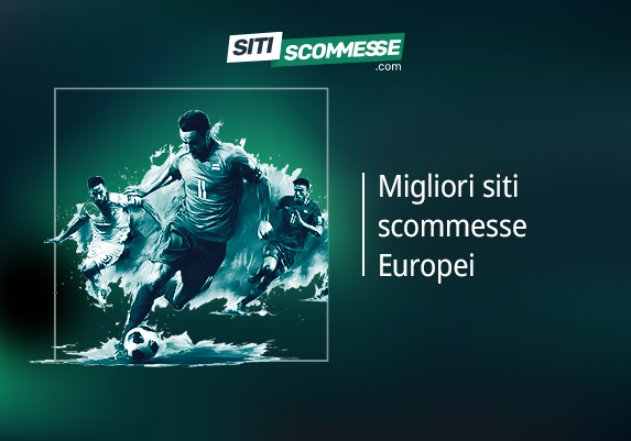 Il logo di sitiscommesse.com, la scritta Migliori siti scommesse Europei e un calciatore in azione