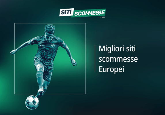 Il logo di sitiscommesse.com, la scritta Migliori siti scommesse Europei e un calciatore in azione