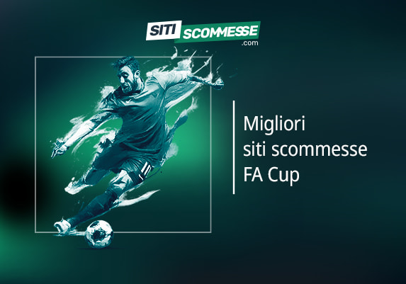Il logo di sitiscommesse.com, la scritta Migliori siti scommesse sulla FA Cup e un calciatore