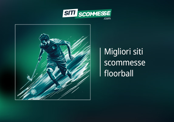 Il logo di sitiscommesse.com, la scritta Migliori siti scommesse floorball e un giocatore di floorball
