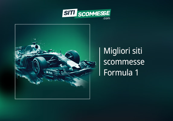 Il logo di sitiscommesse.com, la scritta Migliori siti scommesse Formula 1 e una macchina da corsa