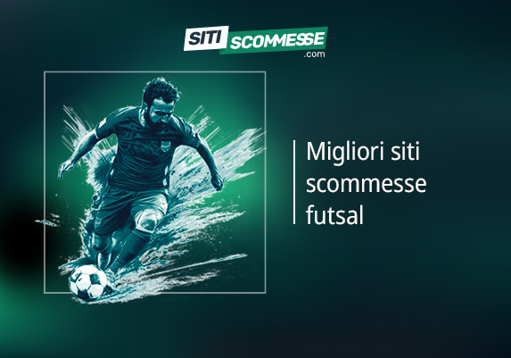Il logo di sitiscommesse.com, la scritta Migliori siti scommesse futsal e un giocatore di futsal