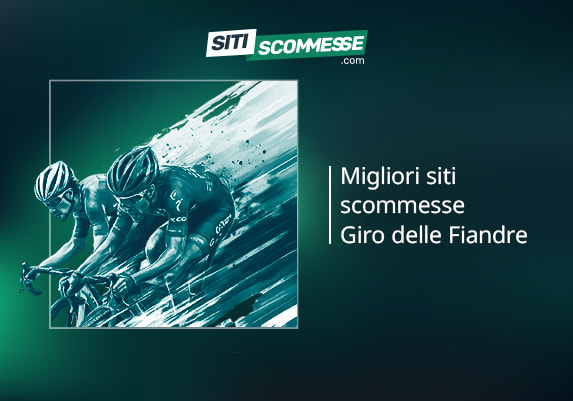 Il logo di sitiscommesse.com, la scritta Migliori siti scommesse Giro delle Fiandre e due ciclisti