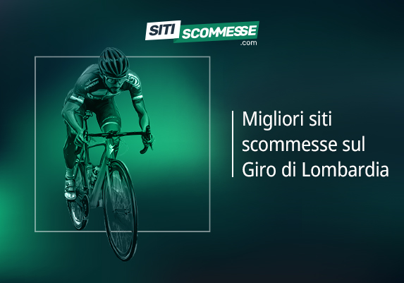 Il logo di sitiscommesse.com, la scritta Migliori siti scommesse sul Giro di Lombardia e un ciclista
