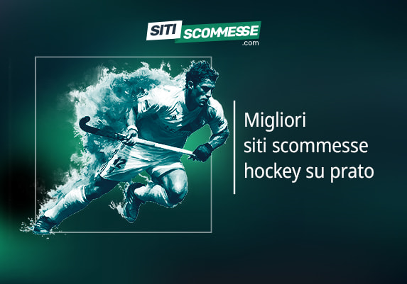 Il logo di sitiscommesse.com, la scritta Migliori siti scommesse hockey su prato e un giocatore in azione