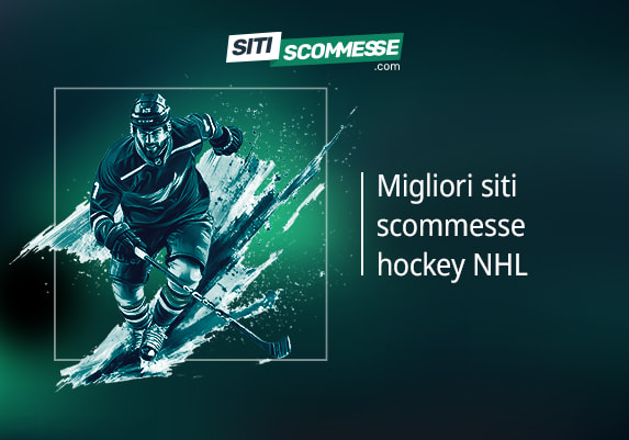 Il logo di sitiscommesse.com, la scritta Migliori siti scommesse hockey e un giocatore di hockey