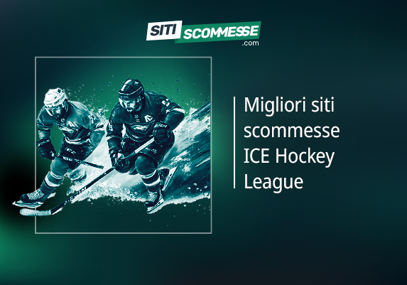 Il logo di sitiscommesse.com, la scritta Migliori siti scommesse ICE Hockey League e un giocatore di hockey su ghiaccio in azione