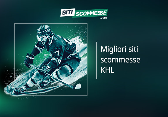 Il logo di sitiscommesse.com, la scritta Migliori siti scommesse KHL e un giocatore di hockey su ghiaccio in azione