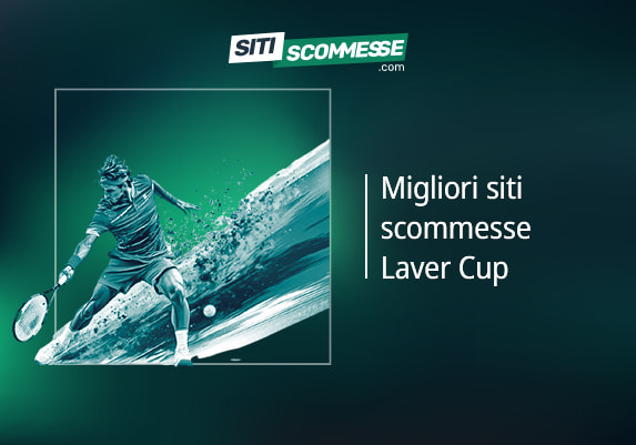 Il logo di sitiscommesse.com, la scritta Migliori siti scommesse Laver Cup e un tennista in azione