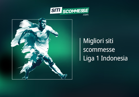 Il logo di sitiscommesse.com, la scritta Migliori siti scommesse sulla Liga 1 Indonesia e un calciatore