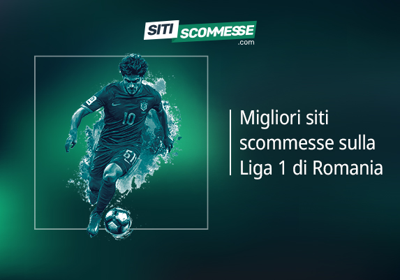 Il logo di sitiscommesse.com, la scritta Migliori siti scommesse sulla Liga 1 Romania e un calciatore in azione