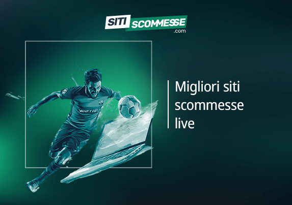 Il logo di sitiscommesse.com, la scritta Migliori siti scommesse live, un giocatore di calcio e un laptop