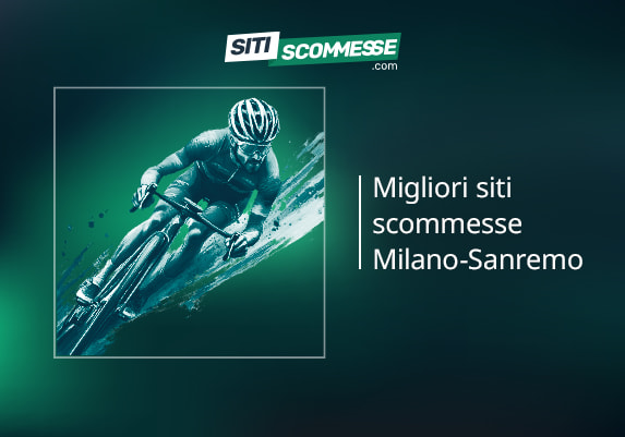 Il logo di sitiscommesse.com, la scritta Migliori siti scommesse Milano-Sanremo e un ciclista