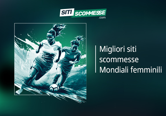 Il logo di sitiscommesse.com, la scritta Migliori siti scommesse Mondiali femminili e una calciatrice in azione