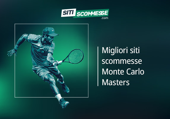 Il logo di sitiscommesse.com, la scritta Migliori siti scommesse Monte Carlo Masters e un tennista in azione