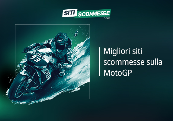 Il logo di sitiscommesse.com, la scritta Migliori siti scommesse sulla MotoGP e un pilota su una moto da corsa