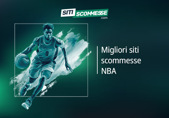 Il logo di sitiscommesse.com, la scritta Migliori siti scommesse NBA e un giocatore di basket