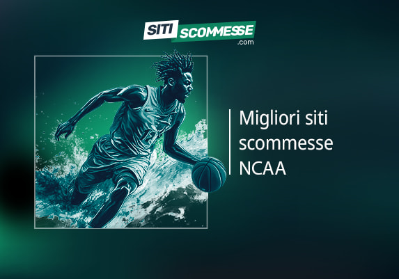 Il logo di sitiscommesse.com, la scritta Migliori siti scommesse NCAA e un giocatore di pallacanestro