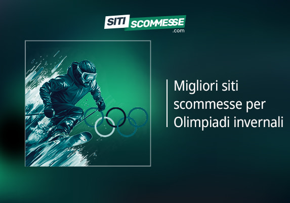 Il logo di sitiscommesse.com, la scritta Migliori siti scommesse per Olimpiadi invernali, i cinque cerchi olimpici e uno sciatore