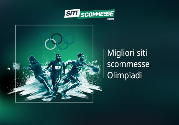 Il logo di sitiscommesse.com, la scritta Migliori siti scommesse Olimpiadi i cinque cerchi olimpici e tre atleti