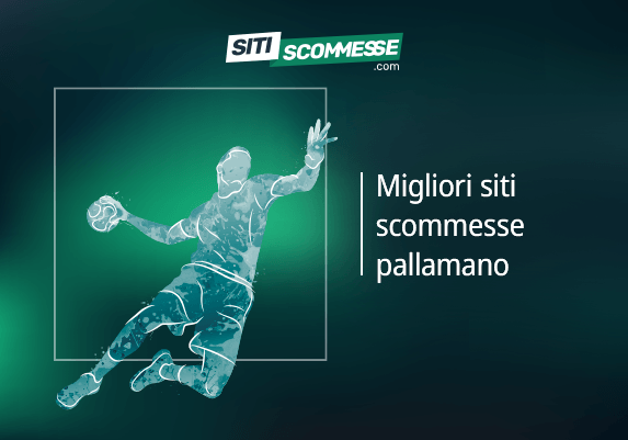 Il logo di sitiscommesse.com, la scritta Migliori siti scommesse pallamano e un giocatore di pallamano