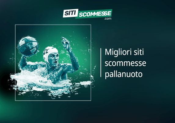 Il logo di sitiscommesse.com, la scritta Migliori siti scommesse pallanuoto e un giocatore di pallanuoto