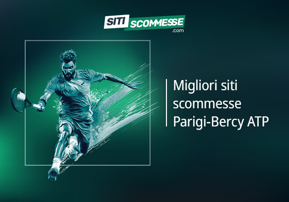 Il logo di sitiscommesse.com, la scritta Migliori siti scommesse Parigi-Bercy ATP e un tennista in azione