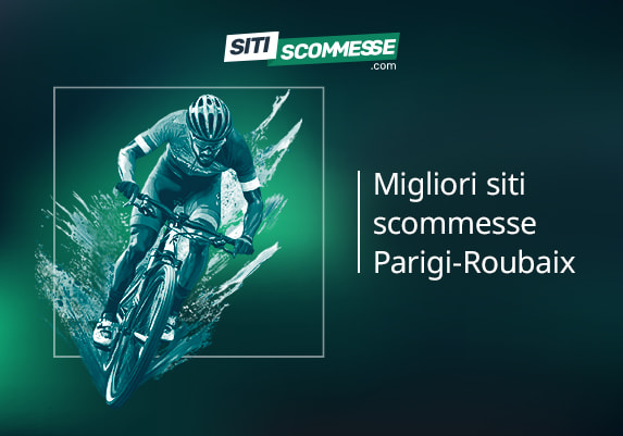 Il logo di sitiscommesse.com, la scritta Migliori siti scommesse Parigi-Roubaix e un ciclista
