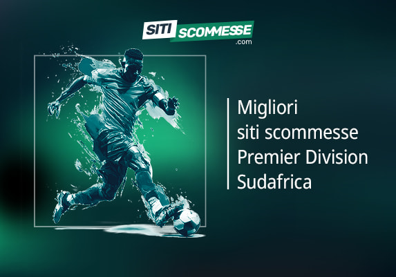 Il logo di sitiscommesse.com, la scritta Migliori siti scommesse sulla Premier Division Sudafrica e un calciatore