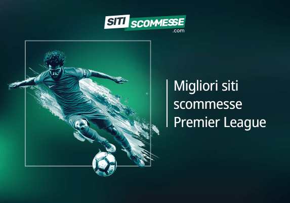 Il logo di sitiscommesse.com, la scritta Migliori siti scommesse Premier League e un calciatore in azione
