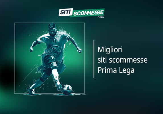 Il logo di sitiscommesse.com, la scritta Migliori siti scommesse sulla Prima Lega e un calciatore