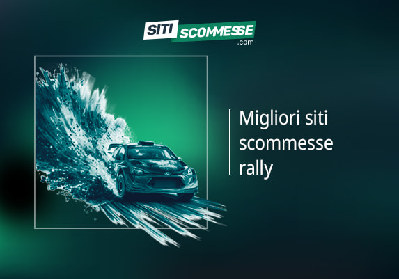 Il logo di sitiscommesse.com, la scritta Migliori siti scommesse rally e un'auto da rally in azione