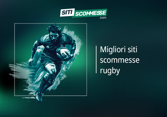 Il logo di sitiscommesse.com, la scritta Migliori siti scommesse rugby e un giocatore di rugby