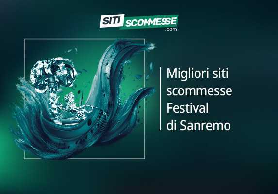 Il logo di sitiscommesse.com, la scritta Migliori siti scommesse Festival di Sanremo e il trofeo del Festival di Sanremo