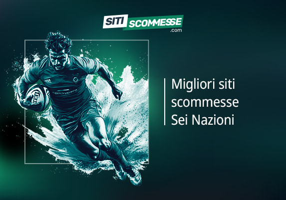 Il logo di sitiscommesse.com, la scritta Migliori siti scommesse Sei Nazioni e un giocatore di rugby