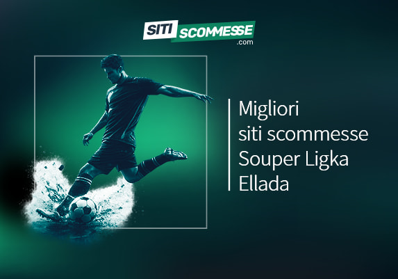 Il logo di sitiscommesse.com, la scritta Migliori siti scommesse Souper Ligka Ellada e un calciatore