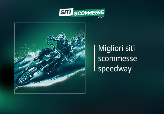 Logo di Siti Scommesse, pilota di speedway in azione e scritta Migliori Siti Scommesse Speedway
