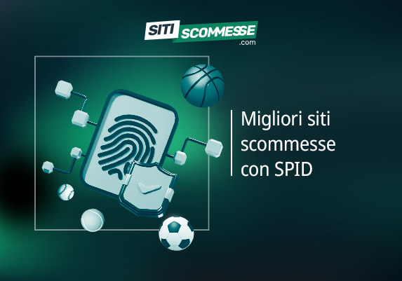 Il logo di sitiscommesse.com, la scritta Migliori siti scommesse con SPID, palline da gioco e impronta digitale