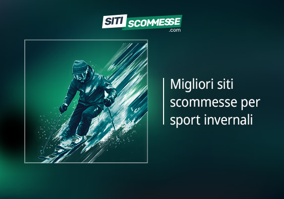Il logo di sitiscommesse.com, la scritta Migliori siti scommesse per sport invernali e uno sciatore