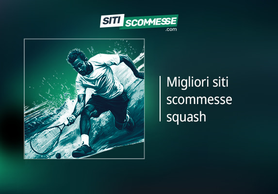 Il logo di sitiscommesse.com, la scritta Migliori siti scommesse squash e un giocatore di squash in azione