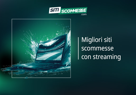 Il logo di sitiscommesse.com, la scritta Migliori siti scommesse con streaming e un laptop