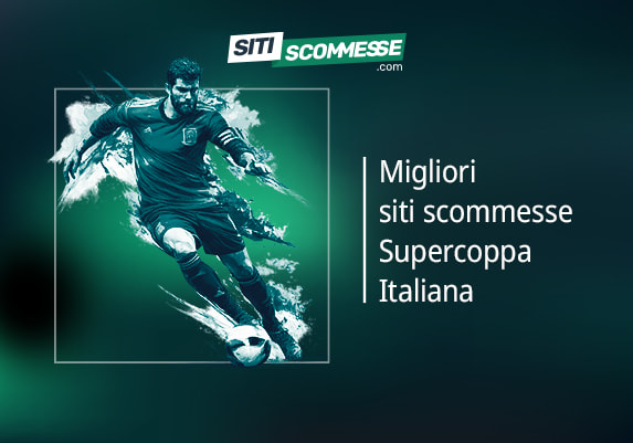 Il logo di sitiscommesse.com, la scritta Migliori siti scommesse sulla Supercoppa Italiana e un calciatore