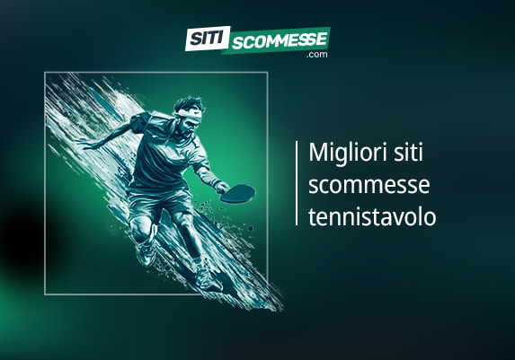 Il logo di sitiscommesse.com, la scritta Migliori siti scommesse tennistavolo e un giocatore di ping-pong