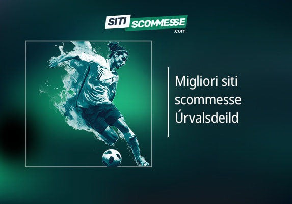 Il logo di sitiscommesse.com, la scritta Migliori siti scommesse Úrvalsdeild e un calciatore in azione