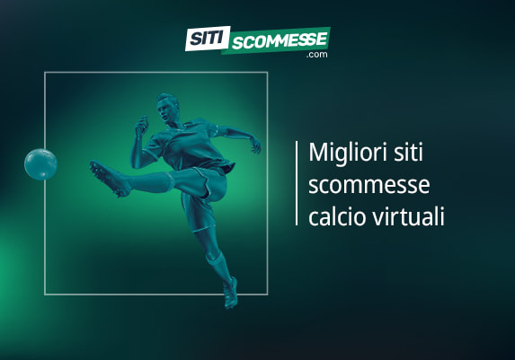 Il logo di sitiscommesse.com, la scritta Migliori siti scommesse calcio virtuali e un calciatore virtuale in azione