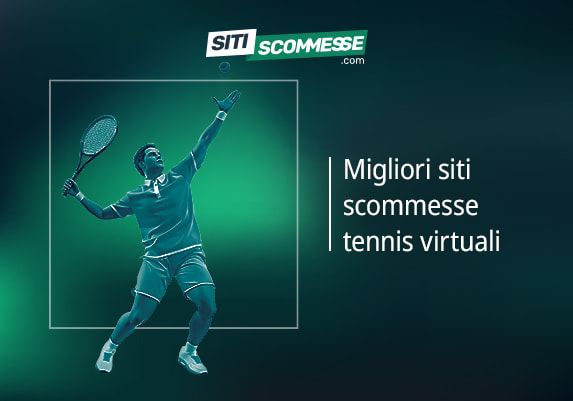 Il logo di sitiscommesse.com, la scritta Migliori siti scommesse tennis virtuali e un tennista virtuale in azione